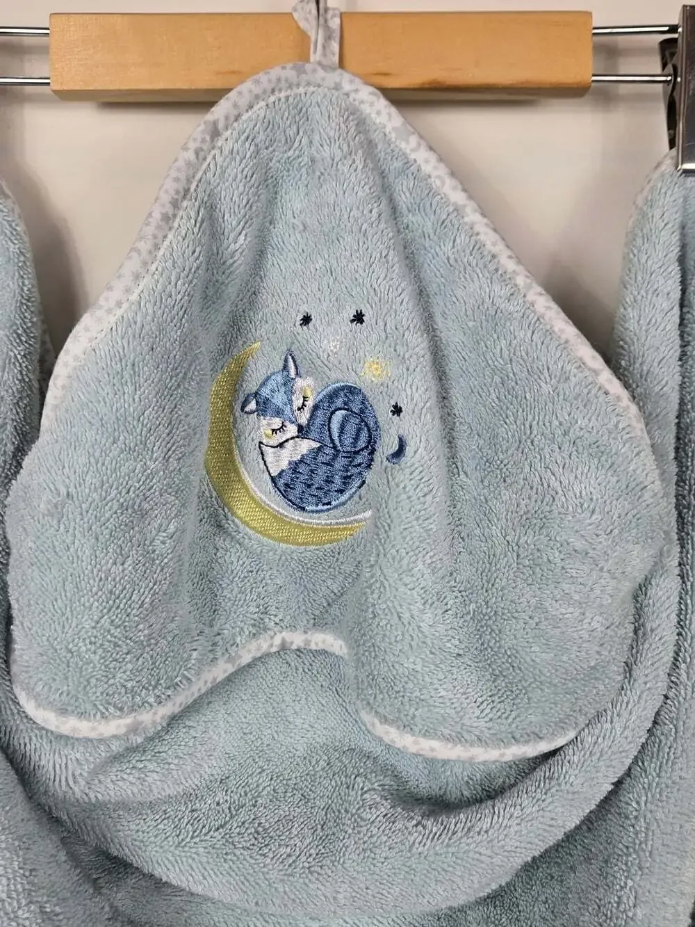 Carré Blanc Baby Hooded Bath Towel Blue Fox Moon Organic Cotton 31x31 New
